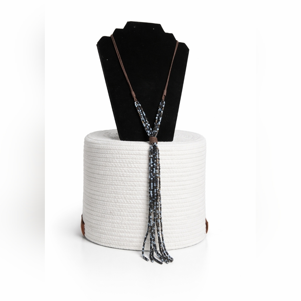 JAMIE ROCKS NYC Brown Cord Iridescent Glass Bead Y Drop Statement Necklace